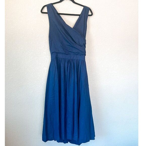 NWT! ModCloth Vintage Inspired Navy Blue Open Back Cross Strap Linen Dress Size - Picture 1 of 8